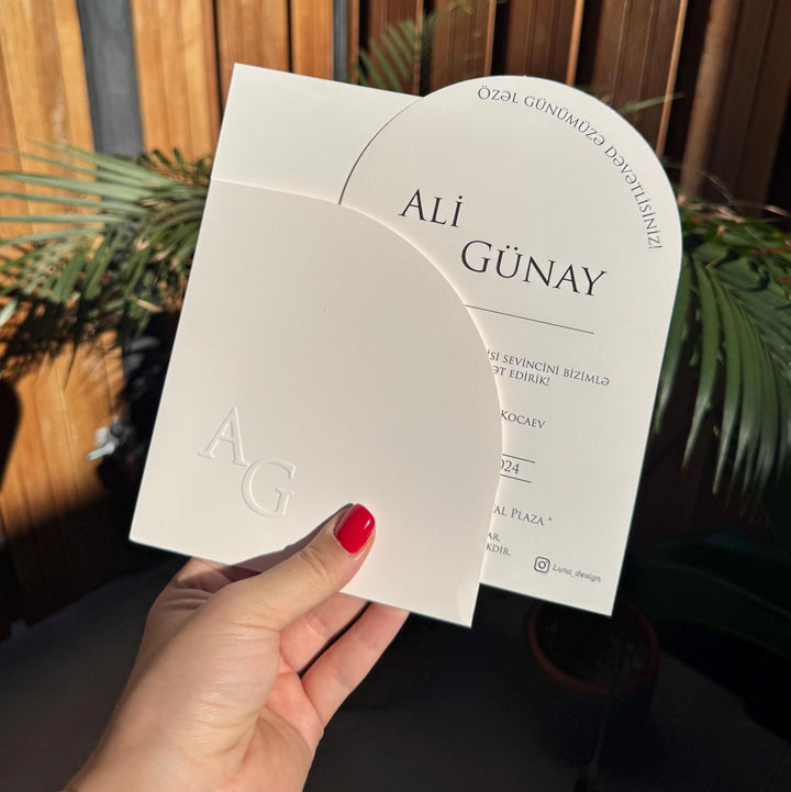 White Classic Initial Embossed Modern Wedding Invitation