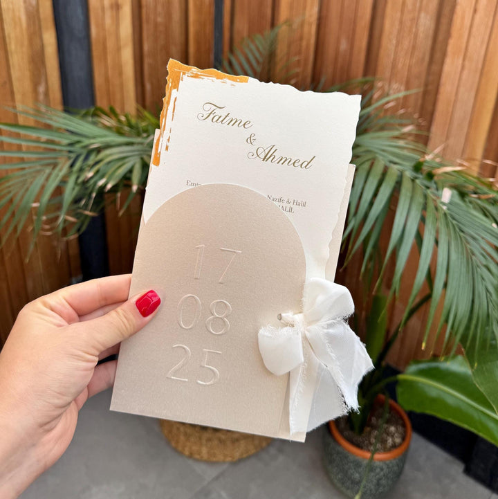 White Ribbon Gold Wedding Invitation Elegant Modern Design