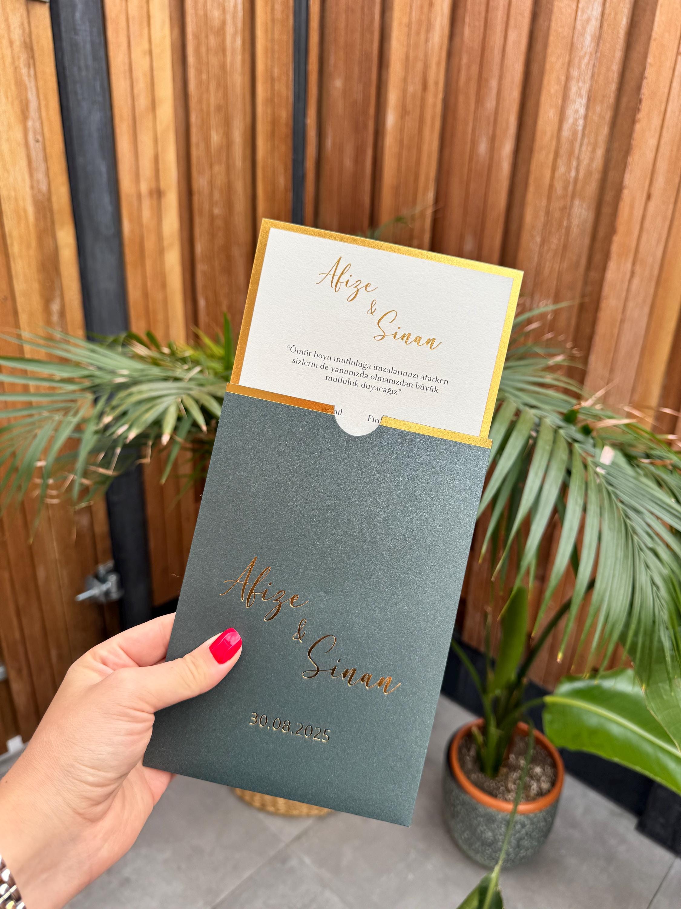 Dark Green Gold Corner Modern Wedding Invitation