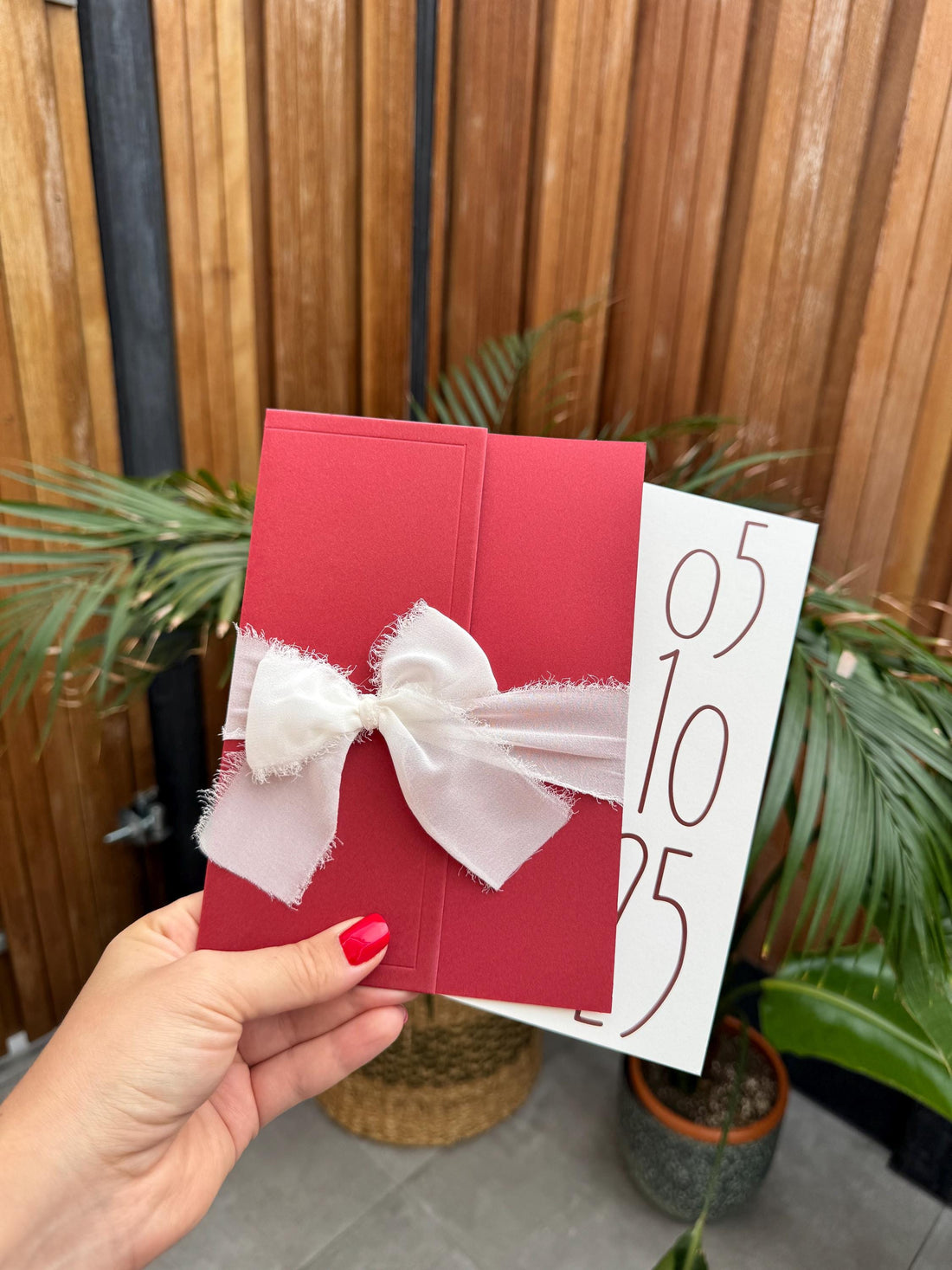 Red Wedding Invitation With White Ribbon Elegant Design