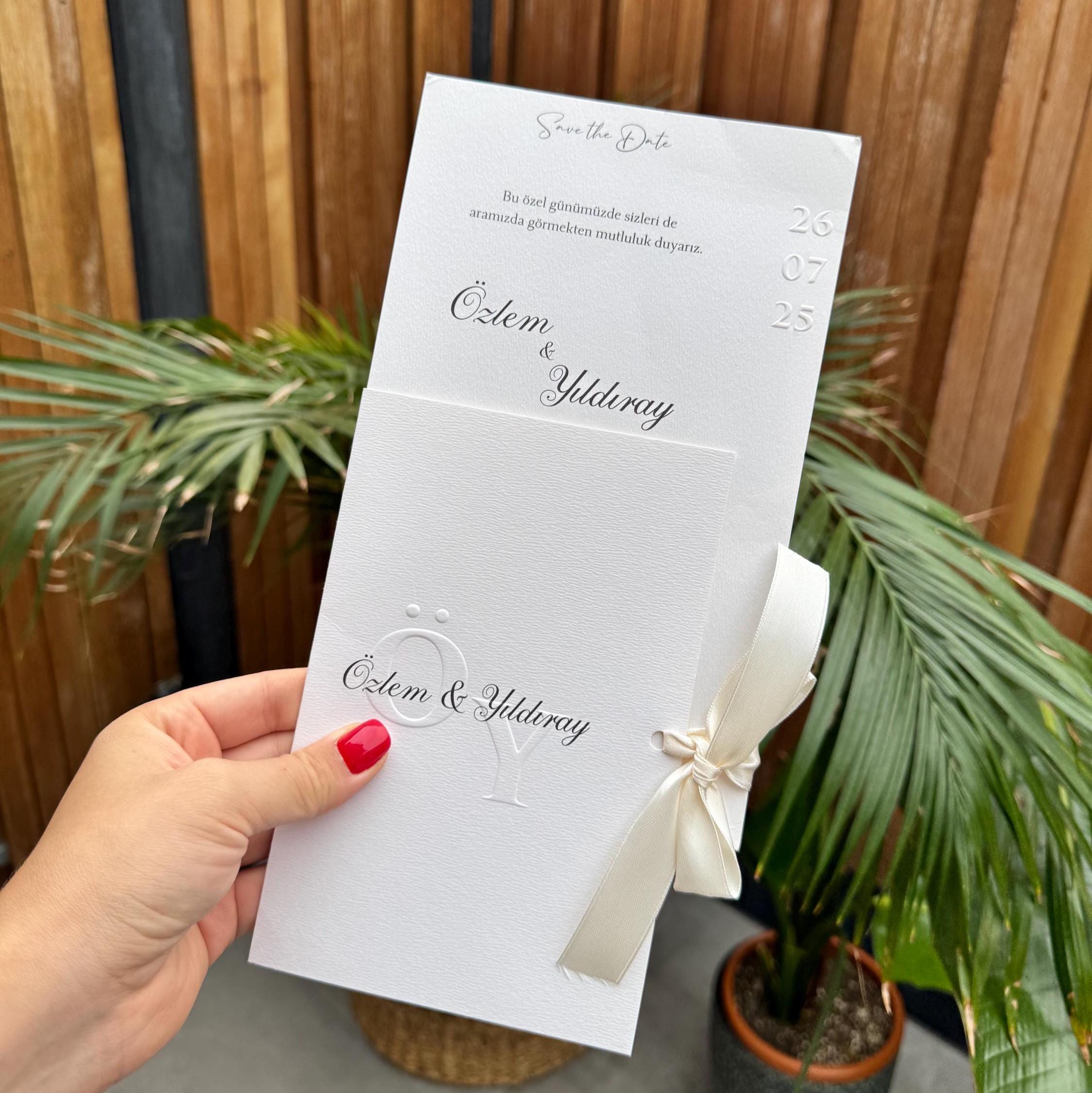 White Ribbon Save The Date Wedding Invitation Elegant Design