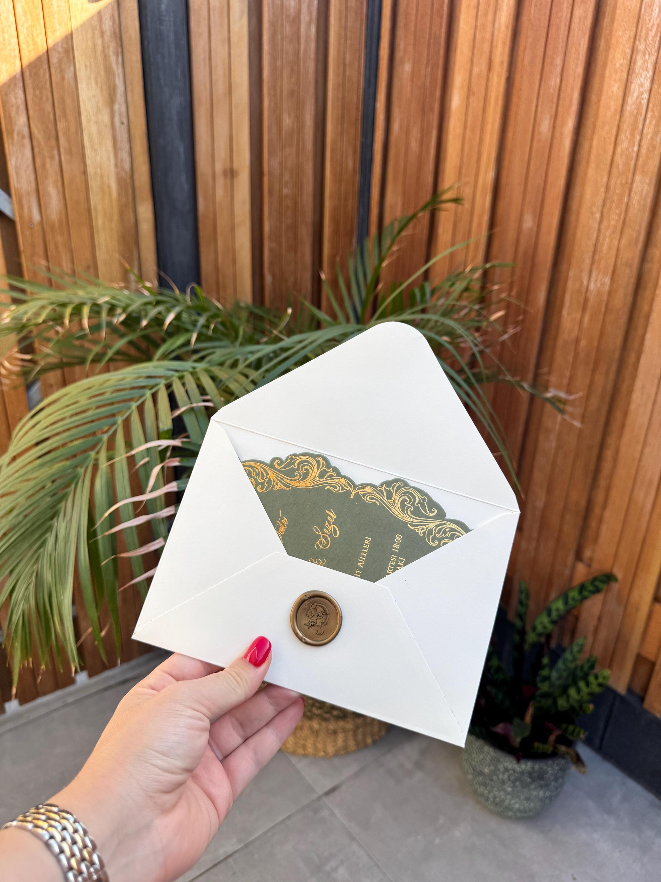 Green Wedding Invitation With Wax Seal Modern Design