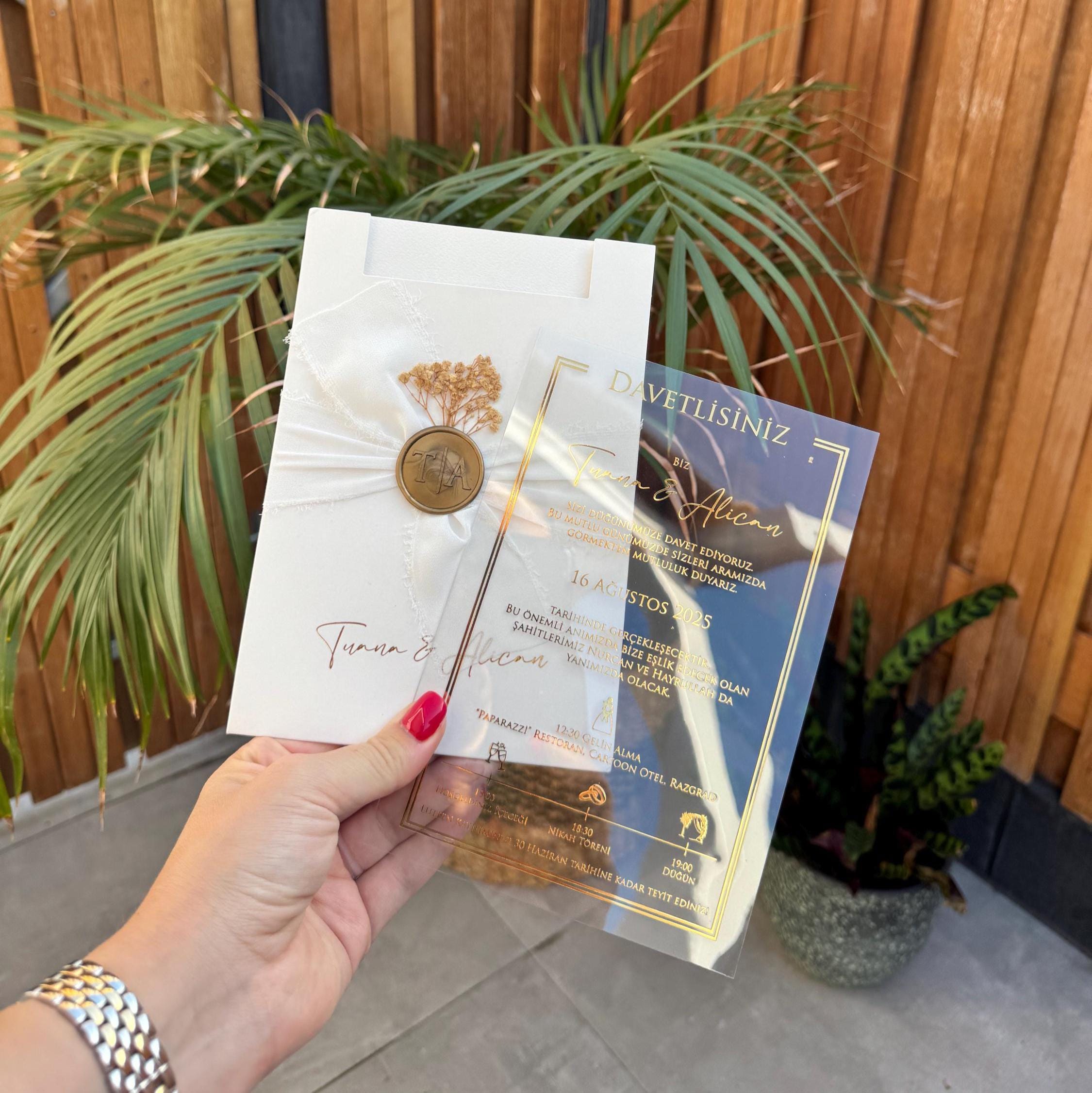 Transparent Wedding Invitation With Floral Wax Seal And Ribbon