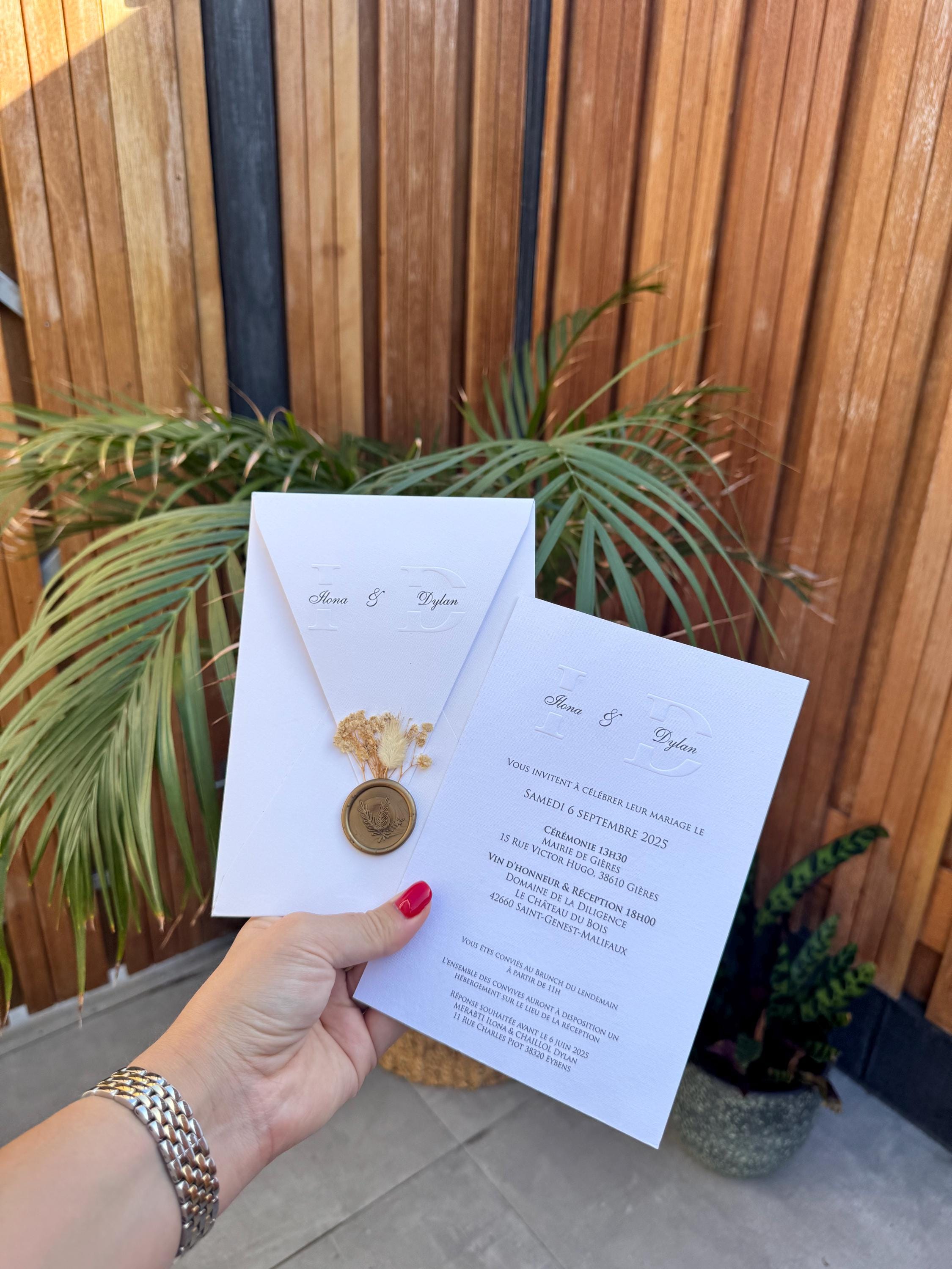 White Embossed Wedding Invitation With Floral Wax Seal Elegant Design
