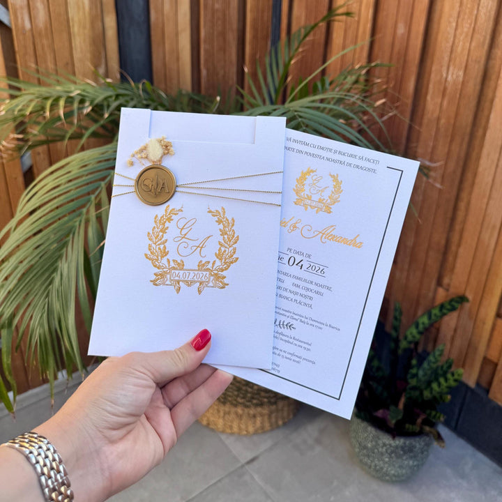 White Wedding Invitation With Gold Lettering Floral Wax Seal And Chain