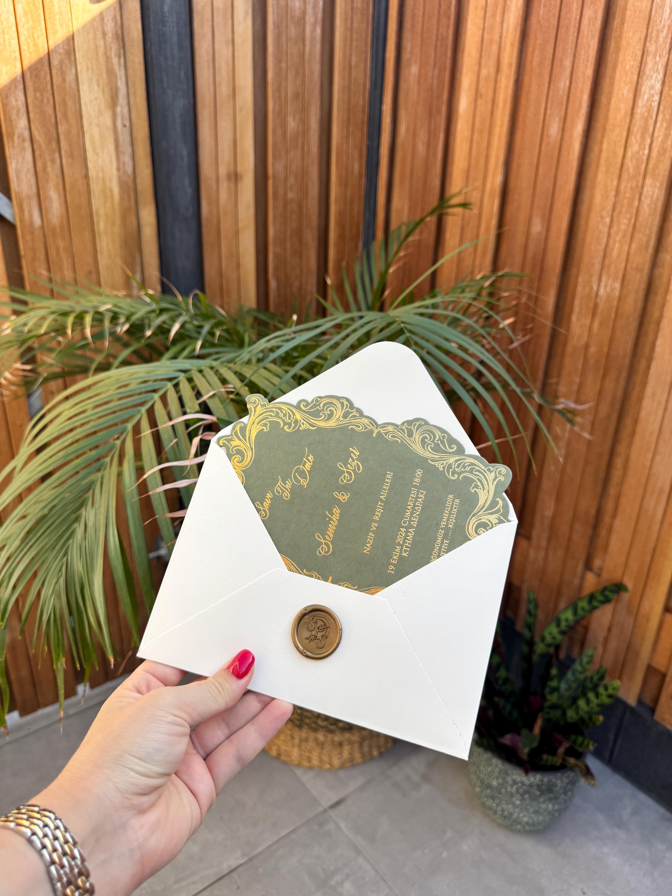 Green Wedding Invitation With Wax Seal Modern Design