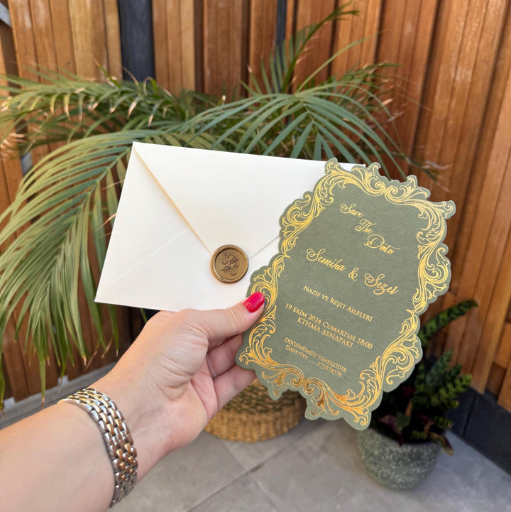 Green Wedding Invitation With Wax Seal Modern Design