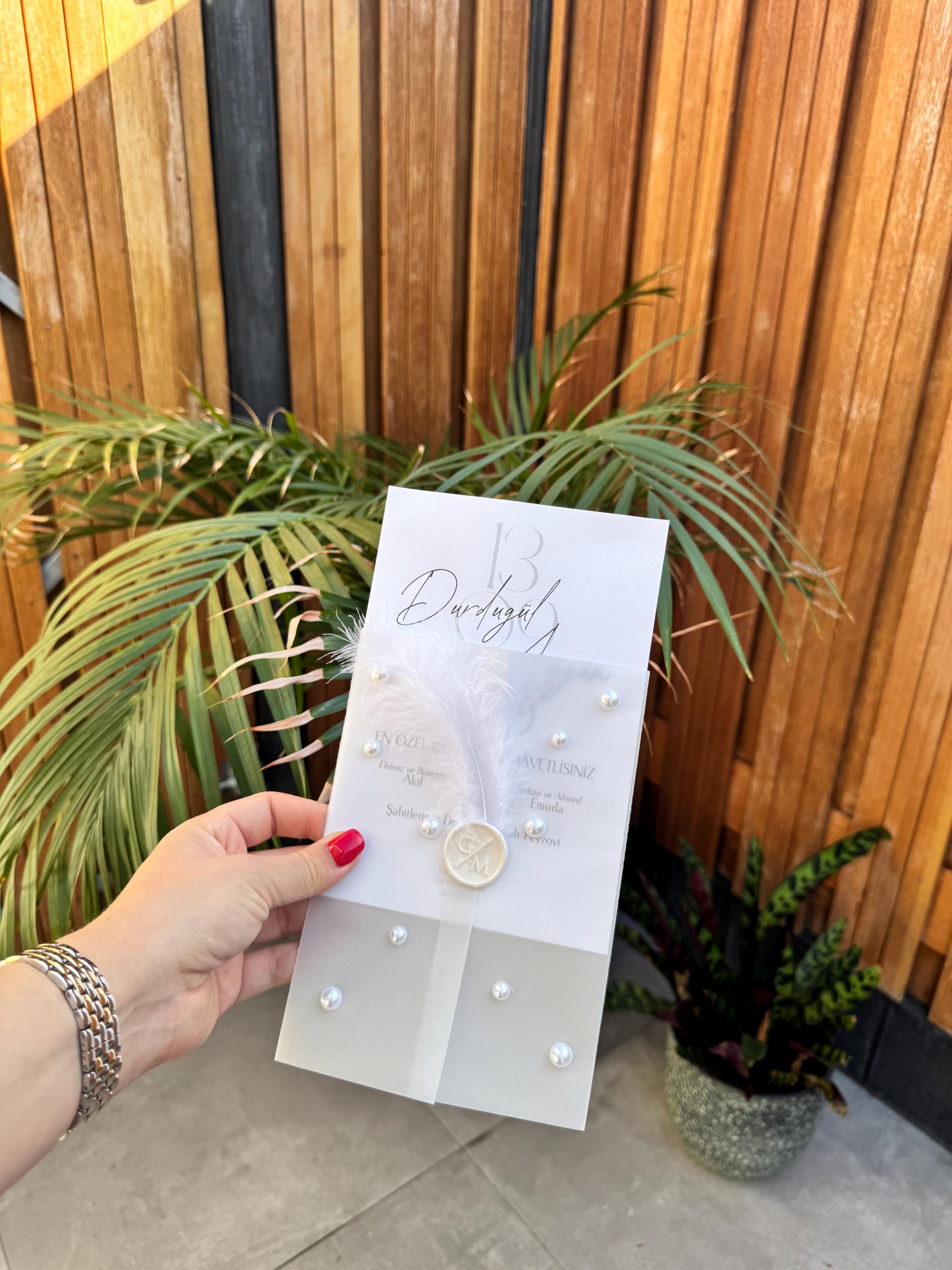 White Feather Pearl Wax Seal Wedding Invitation Modern Elegant Invite