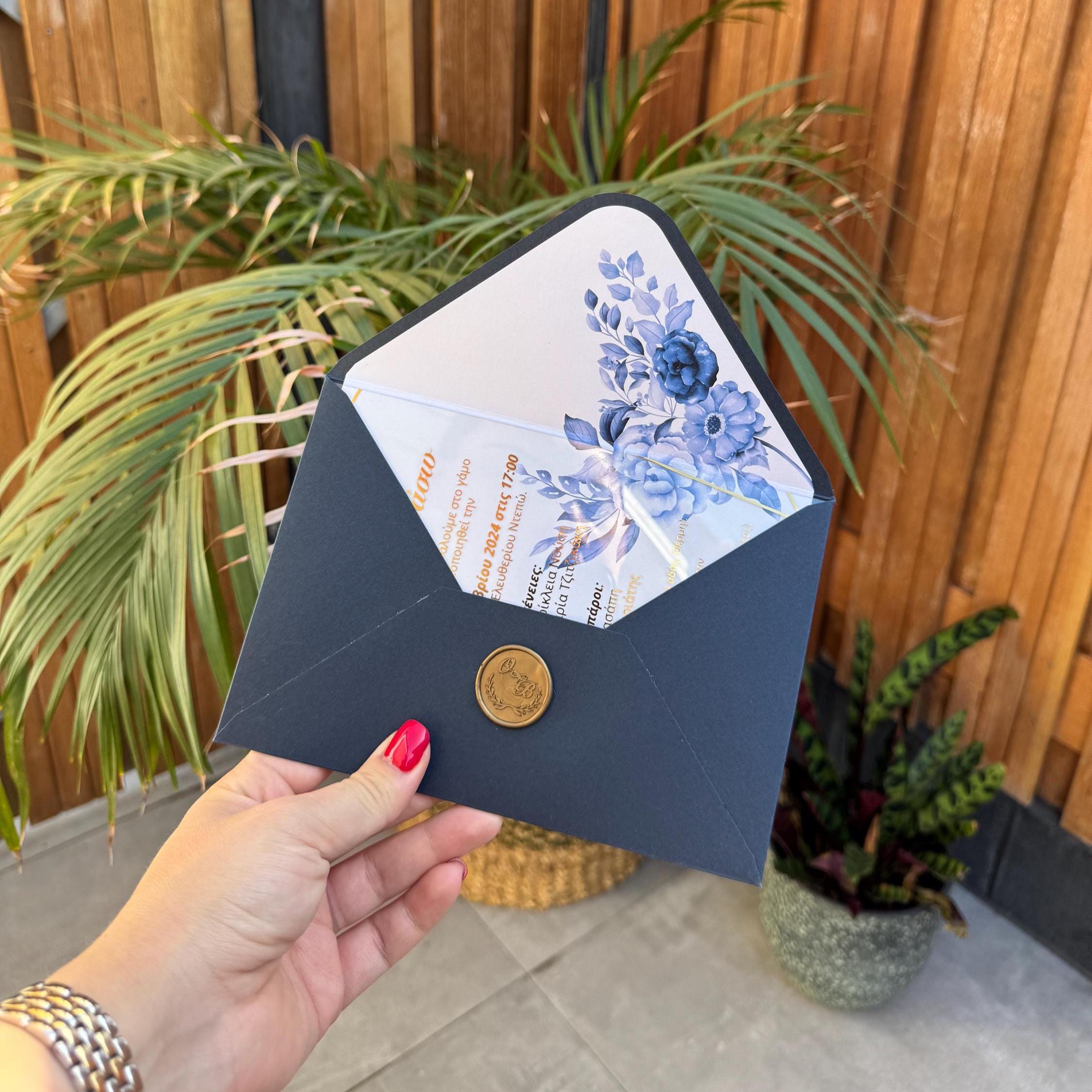 Navy Blue Transparent Wedding Invitation Wax Seal Floral Envelope Invite
