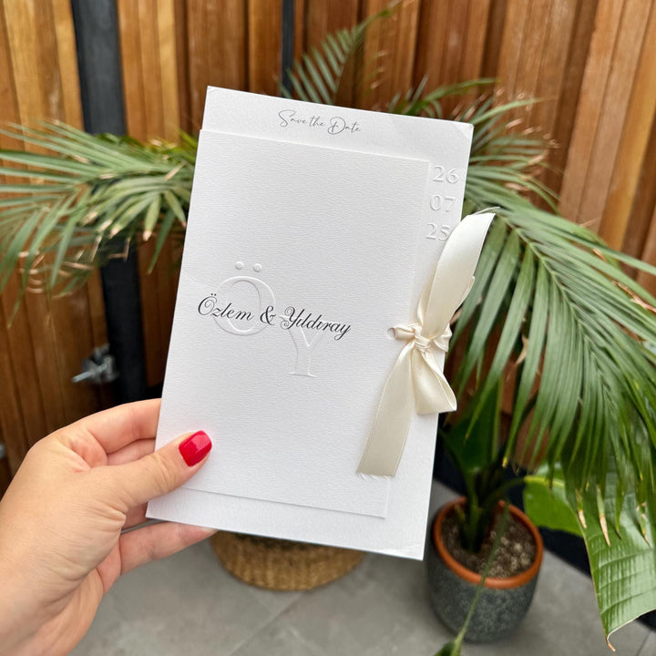 White Ribbon Save The Date Wedding Invitation Elegant Design