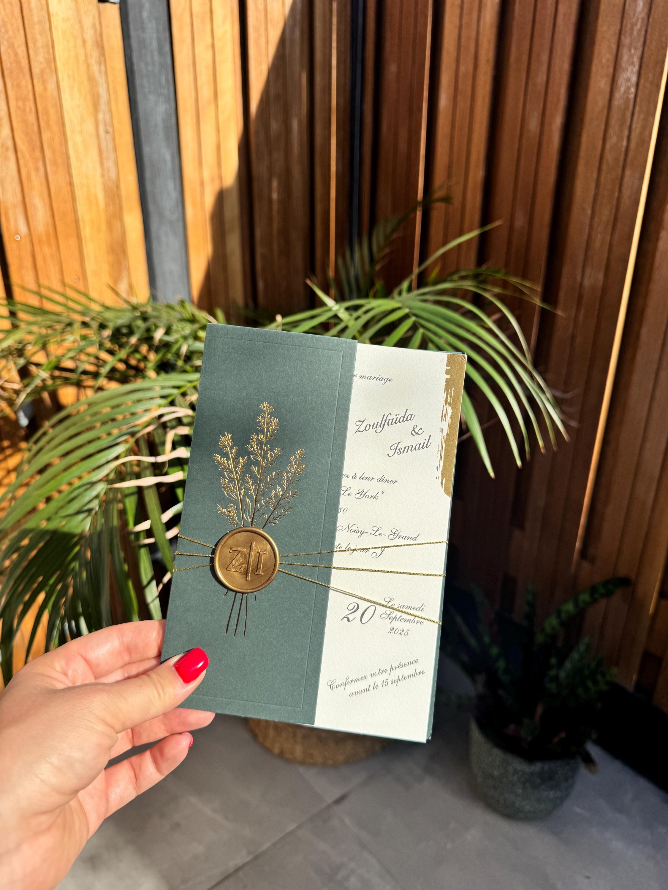 Green Cover Wax Seal Wedding Invitation Card Elegant Modern Invite