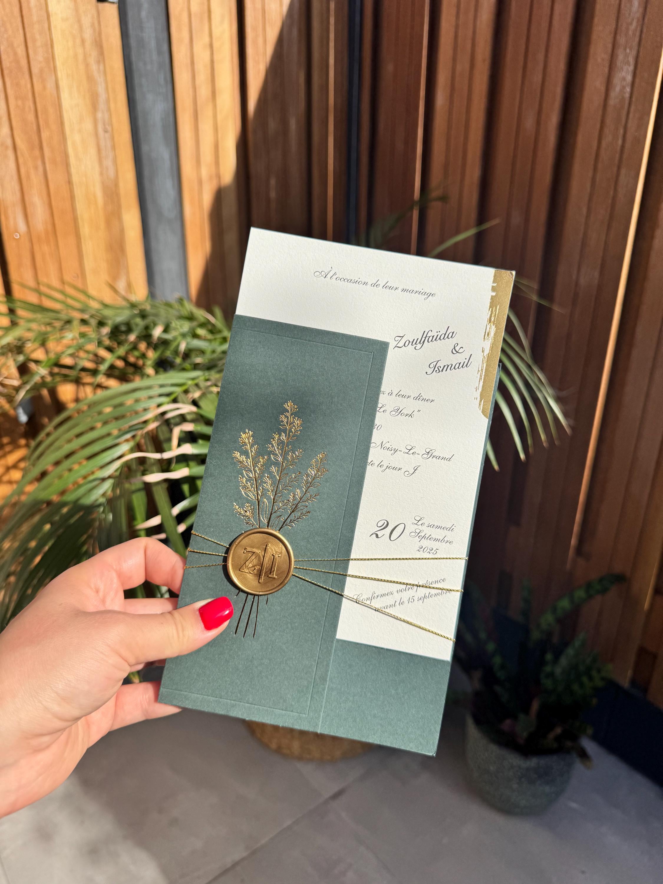 Green Cover Wax Seal Wedding Invitation Card Elegant Modern Invite