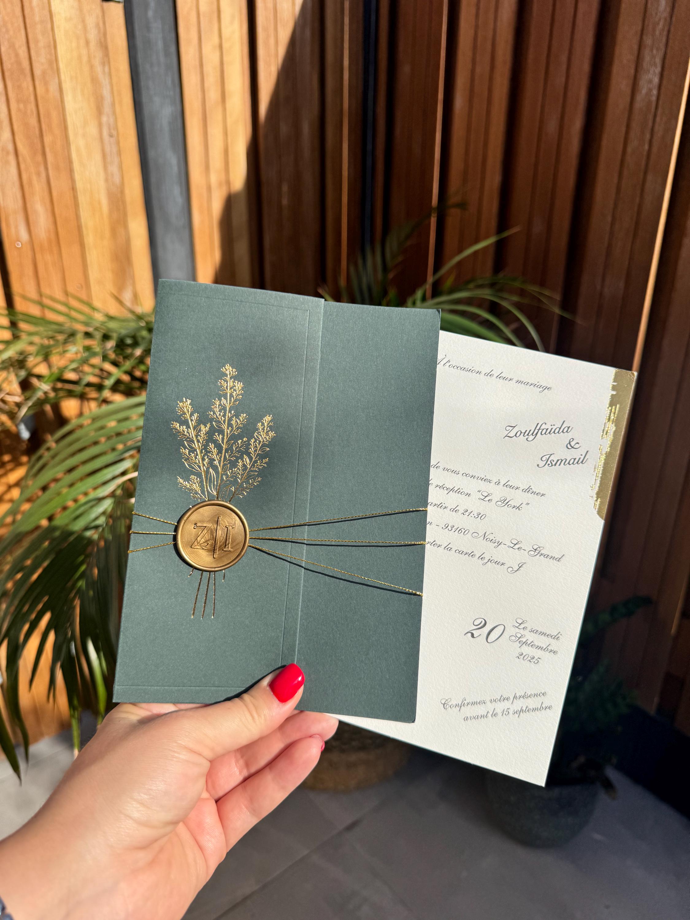 Green Cover Wax Seal Wedding Invitation Card Elegant Modern Invite