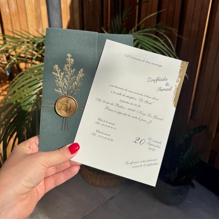Green Cover Wax Seal Wedding Invitation Card Elegant Modern Invite