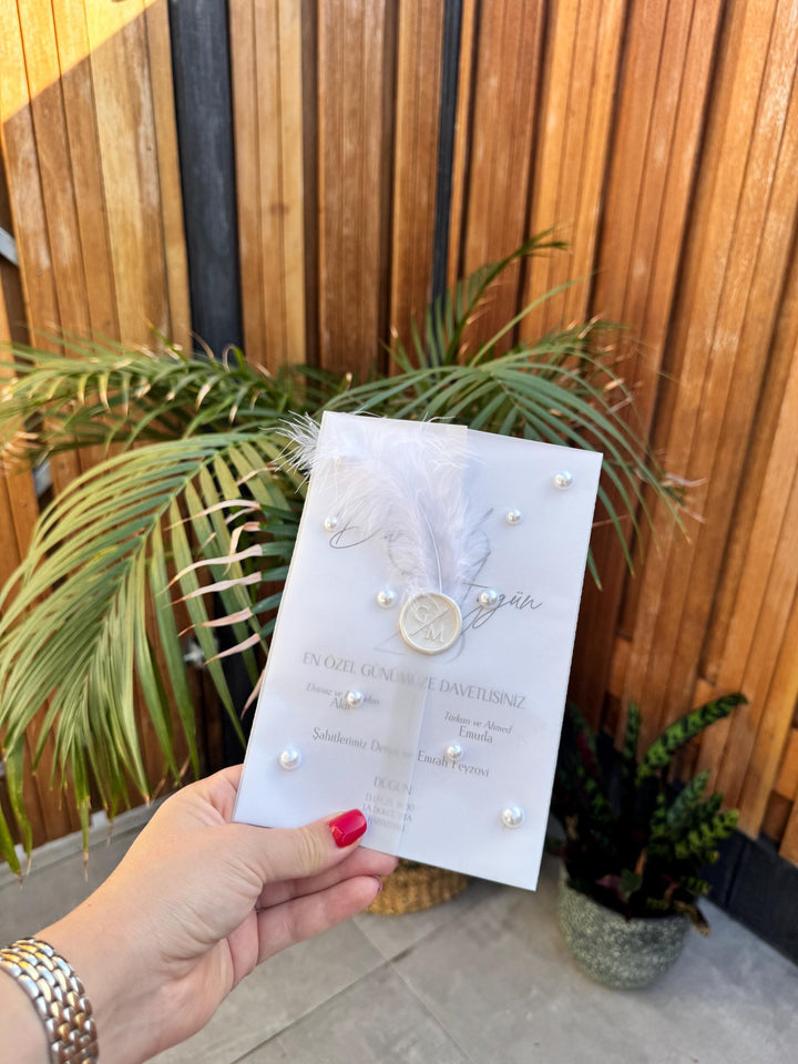 White Feather Pearl Wax Seal Wedding Invitation Modern Elegant Invite