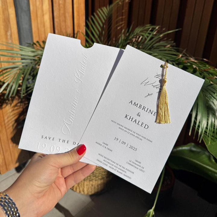 White Tassel Embossed Elegant Minimal Wedding Invitation