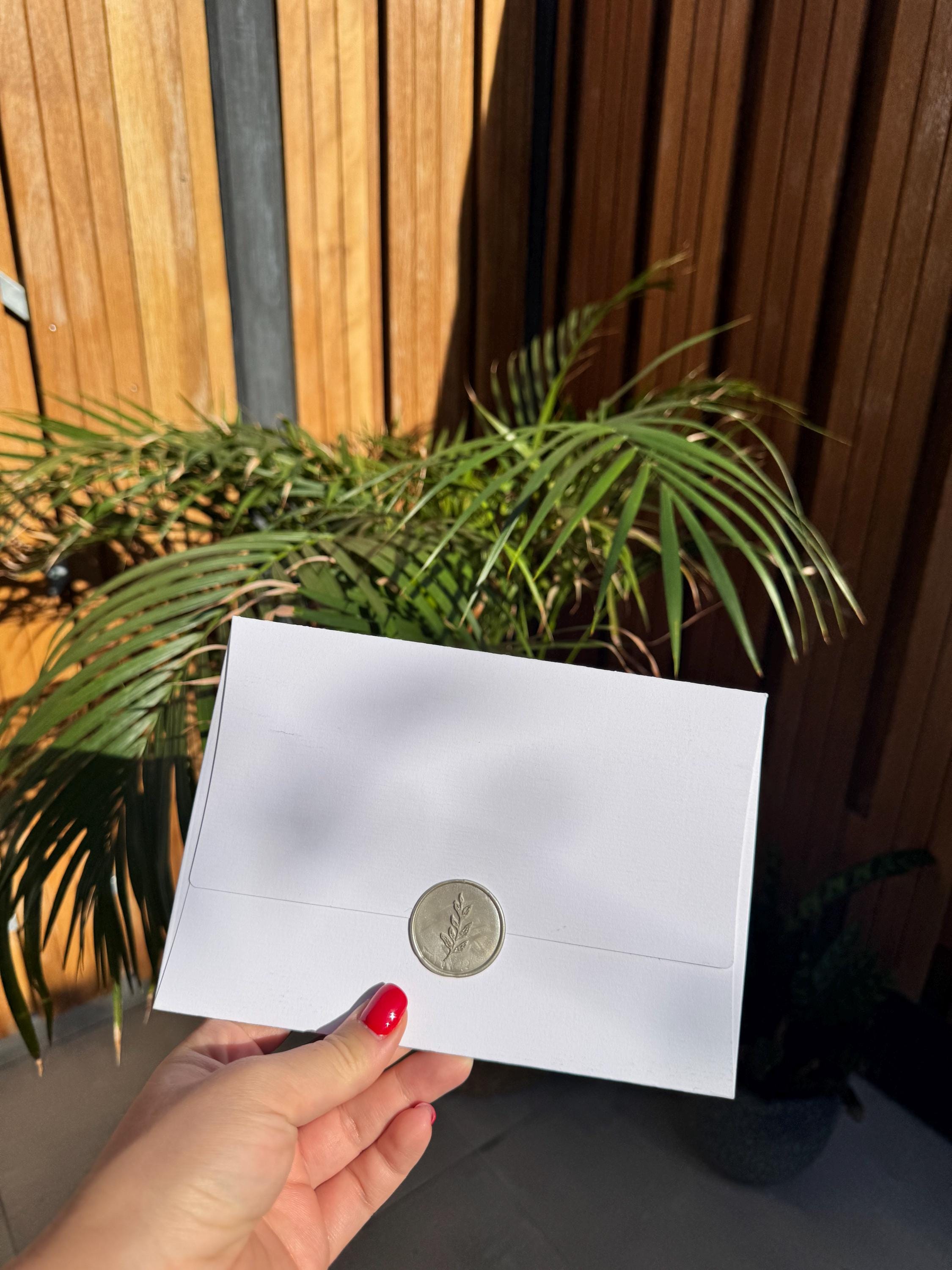 White Horizontal Wedding Invitation Embossed Wax Seal Modern Elegant Invite