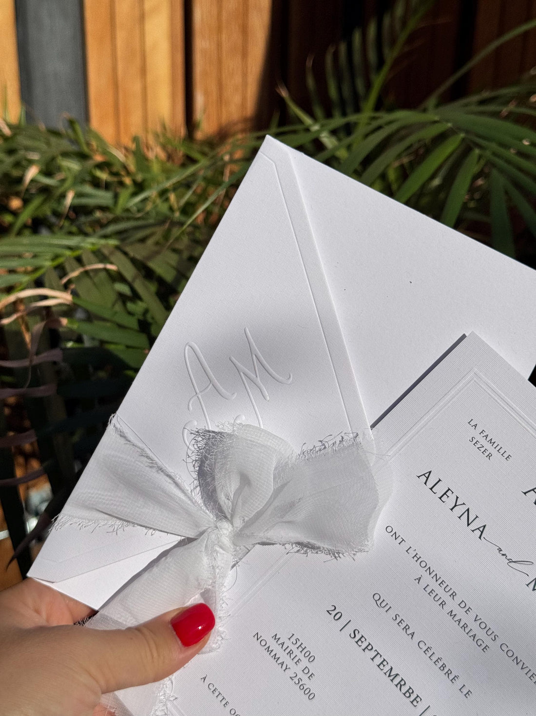 White Embossed Letter Ribbon Wedding Invitation Modern Elegant Invite