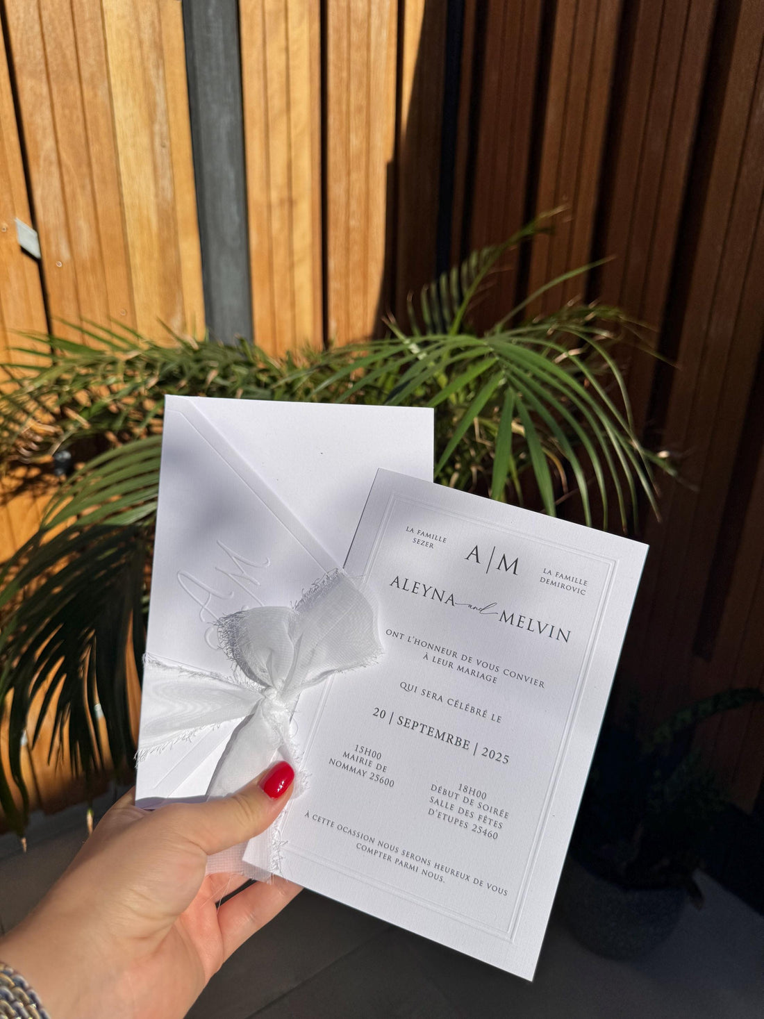 White Embossed Letter Ribbon Wedding Invitation Modern Elegant Invite