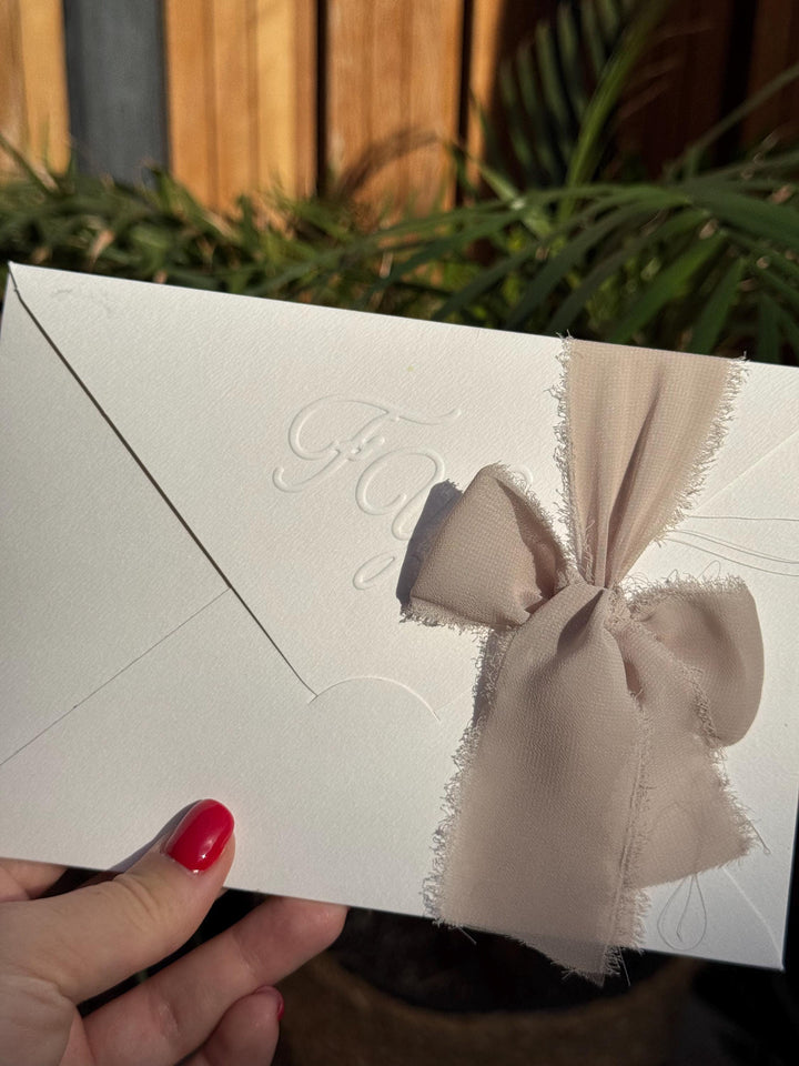 White Embossed Letter Wedding Invitation Brown Ribbon Elegant Invite