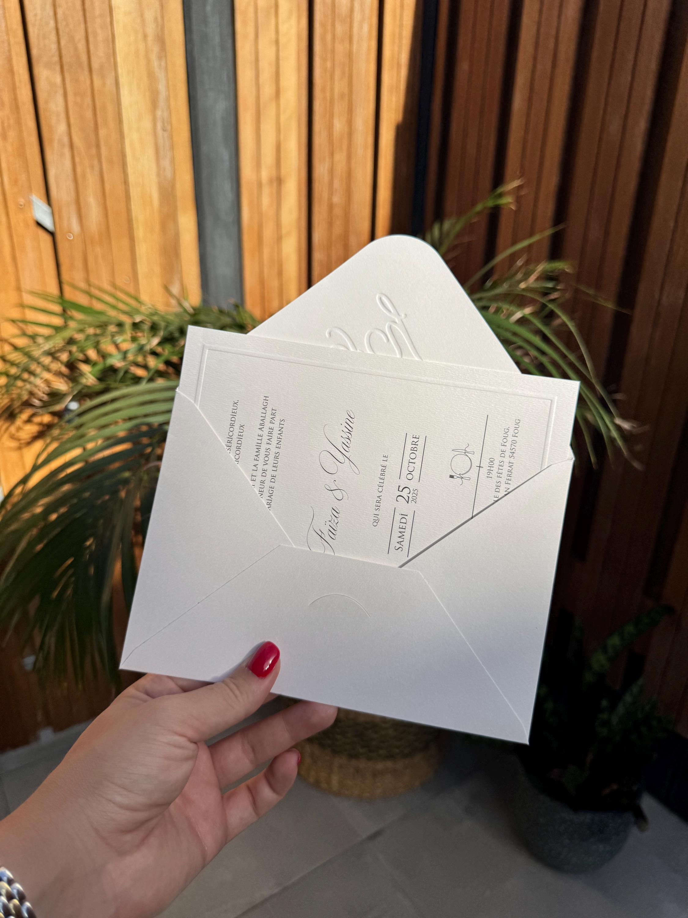White Embossed Letter Wedding Invitation Brown Ribbon Elegant Invite