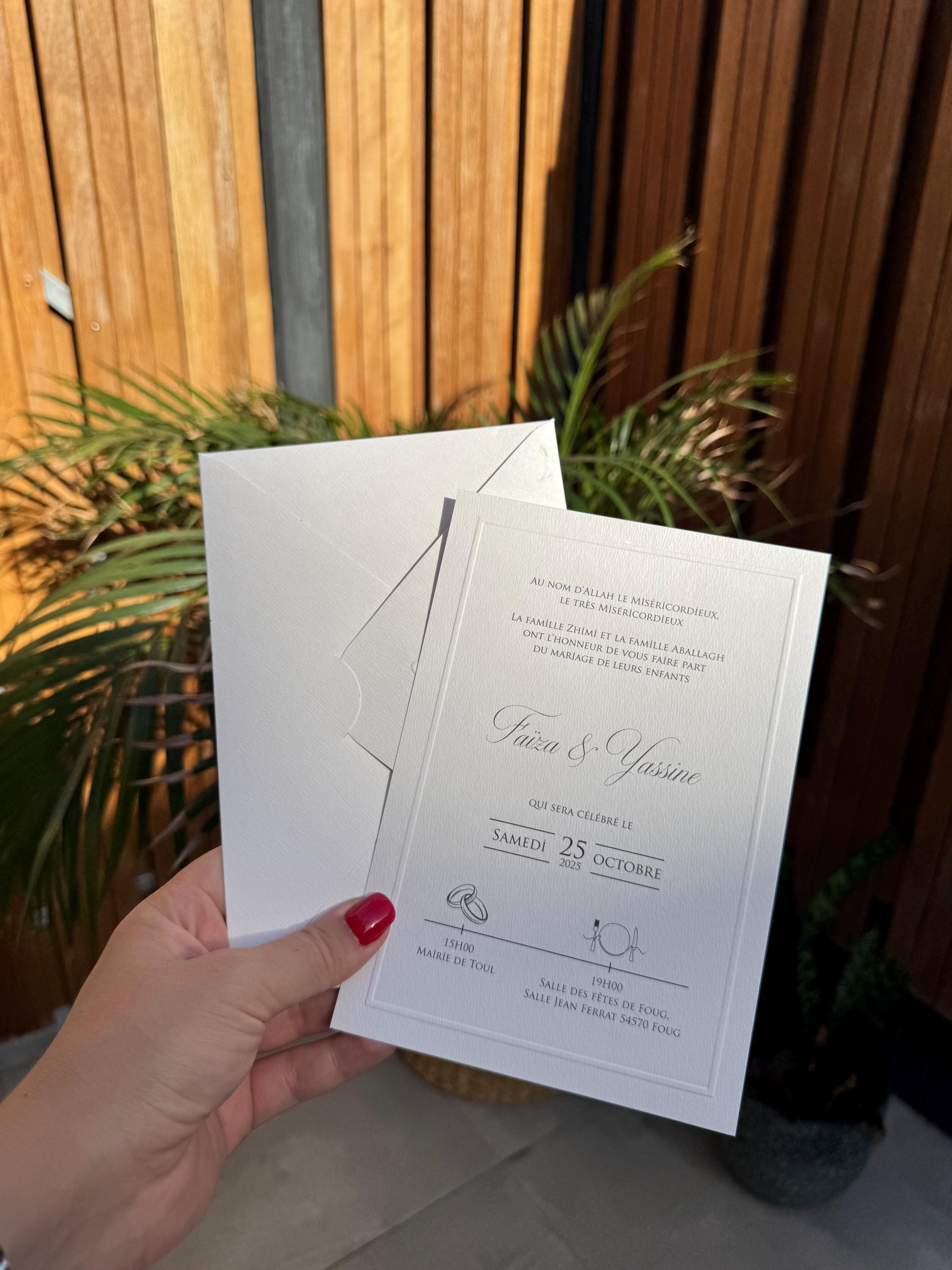 White Embossed Letter Wedding Invitation Brown Ribbon Elegant Invite