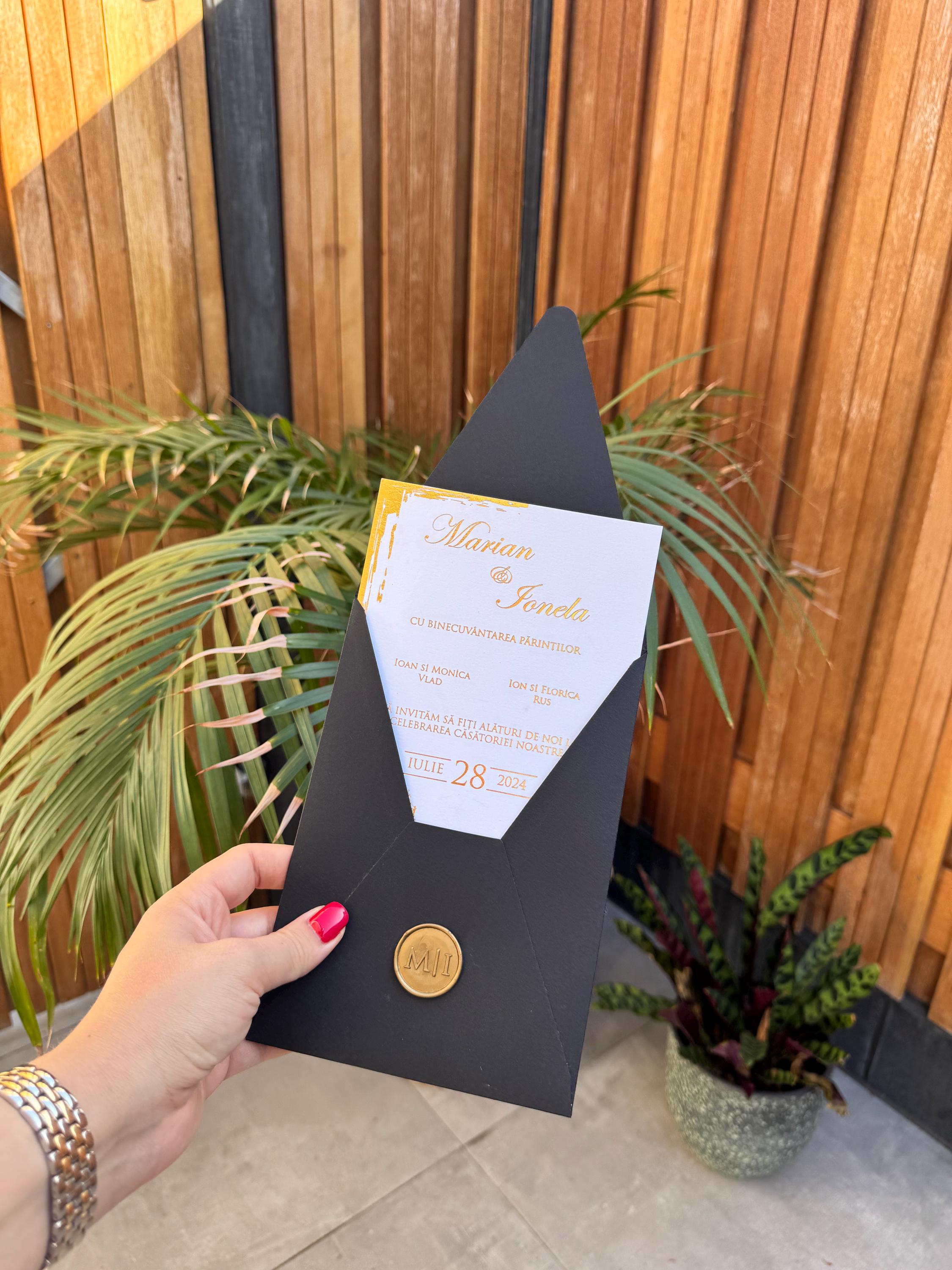 Black Gold Letter Wax Seal Wedding Invitation Modern Elegant Invite