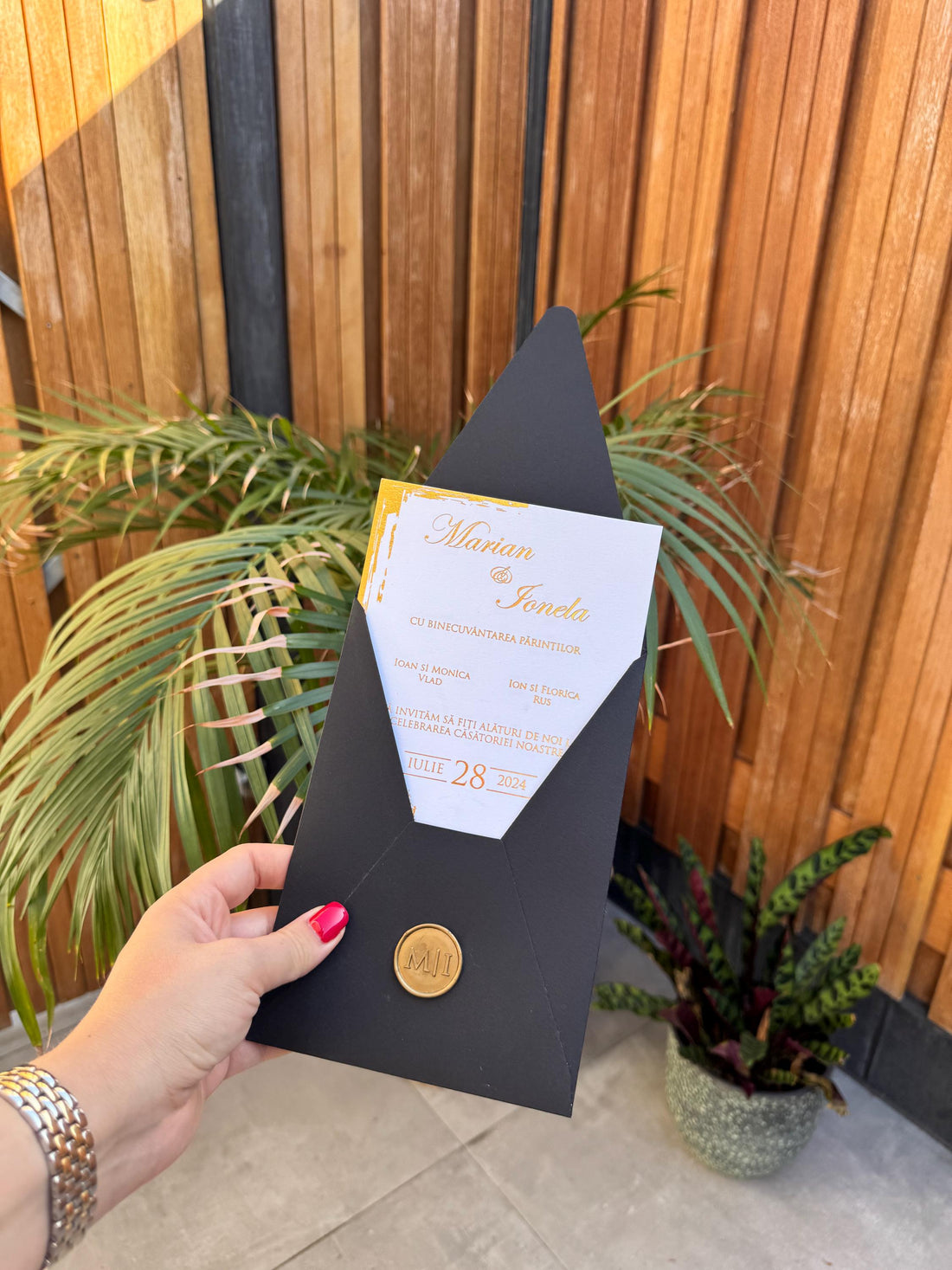 Black Gold Letter Wax Seal Wedding Invitation Modern Elegant Invite