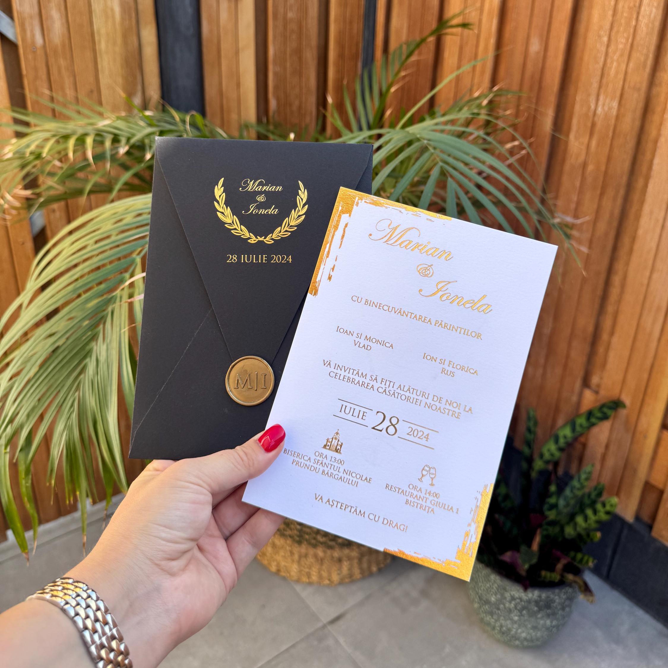 Black Gold Letter Wax Seal Wedding Invitation Modern Elegant Invite