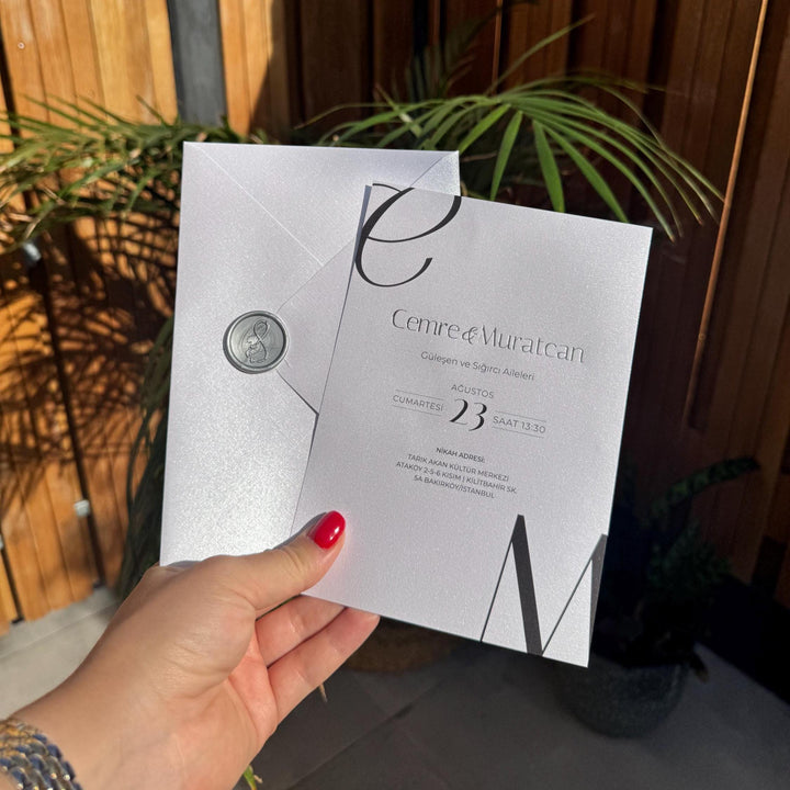 Grey Shimmer Wedding Invitation Wax Seal Modern Elegant Invite