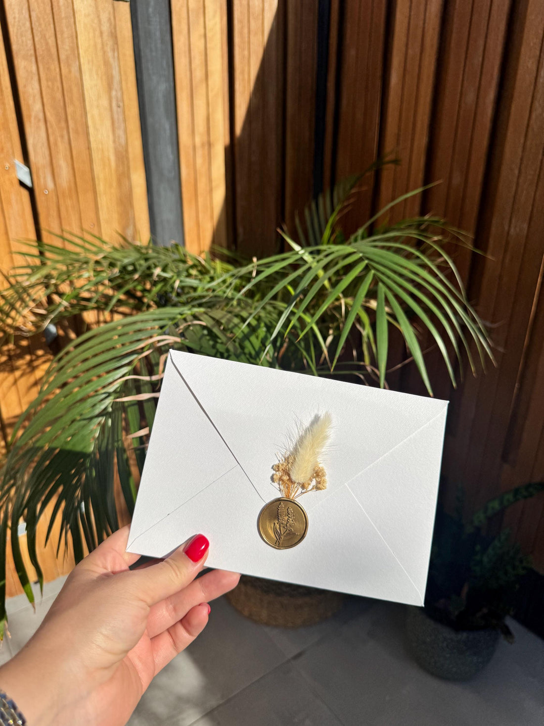 Cream Wedding Invitation Feather Floral Wax Seal White Envelope Invite