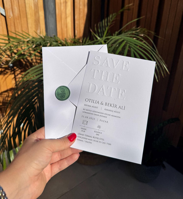 White Embossed Letter Wedding Invitation Wax Seal Modern Elegant Invite