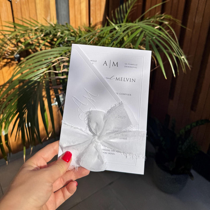 White Embossed Letter Ribbon Wedding Invitation Modern Elegant Invite
