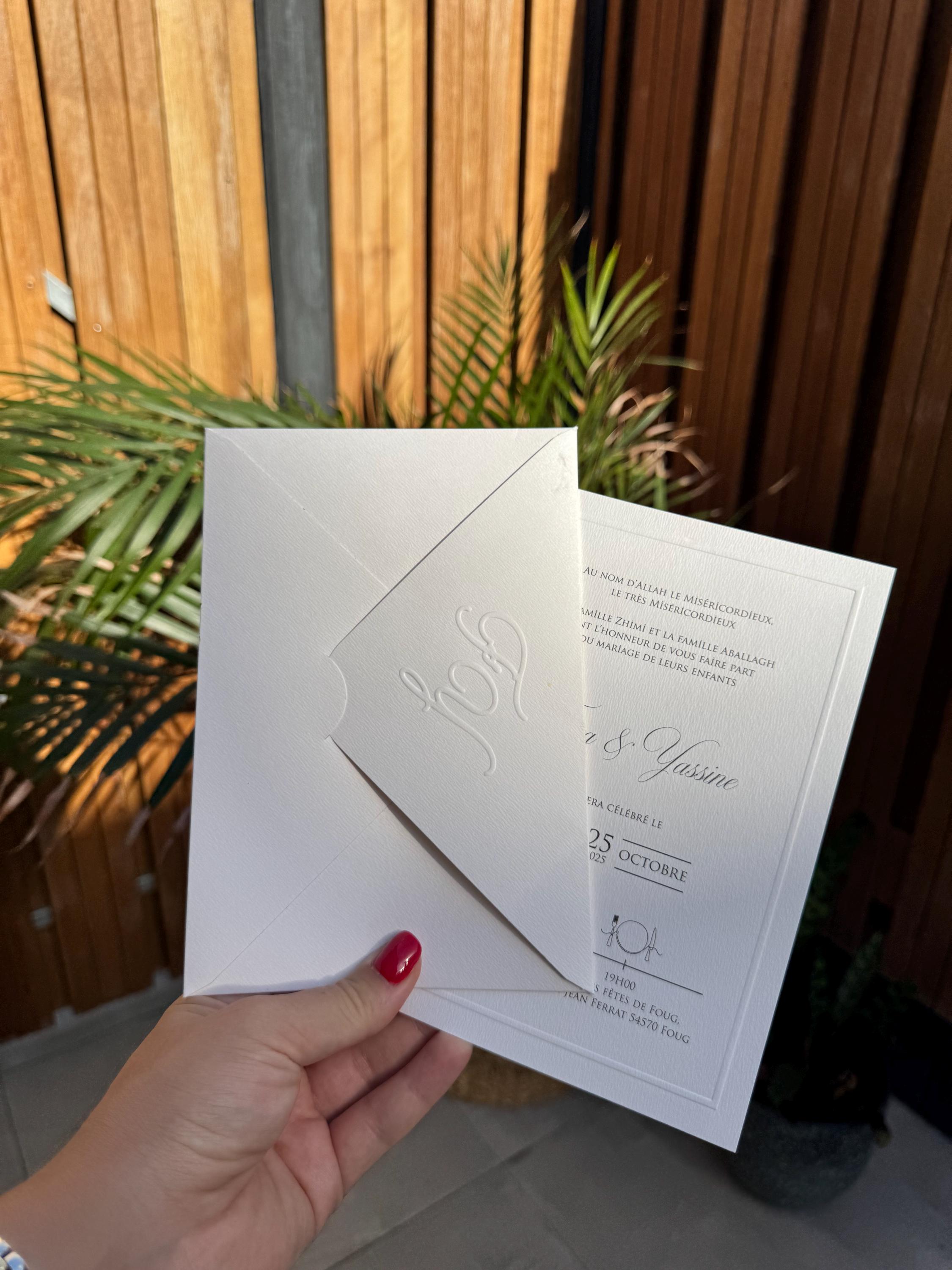 White Embossed Letter Wedding Invitation Brown Ribbon Elegant Invite