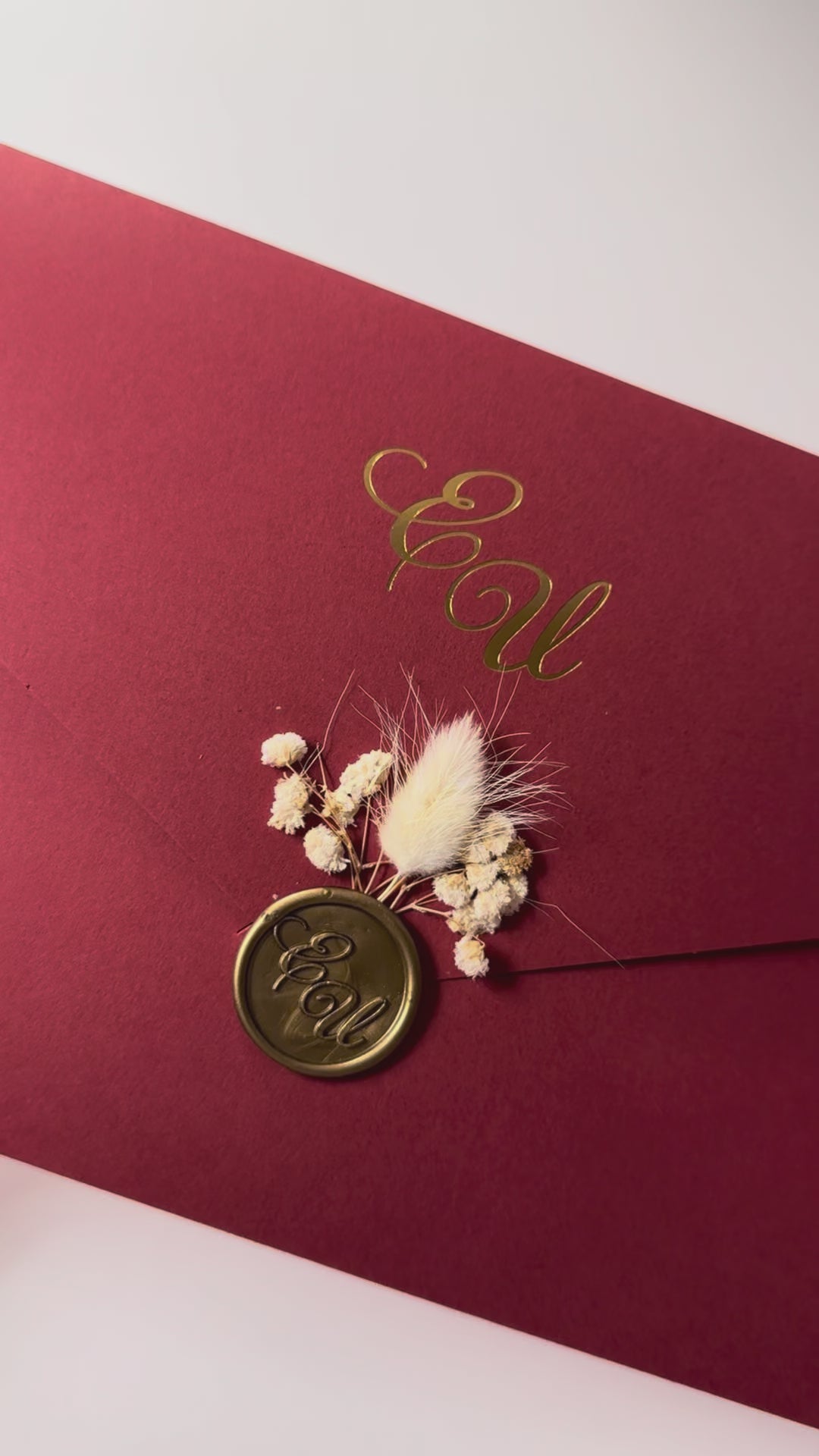 Burgundy Floral Wedding Invitation with Stamp: Elegant Textured Cardstock