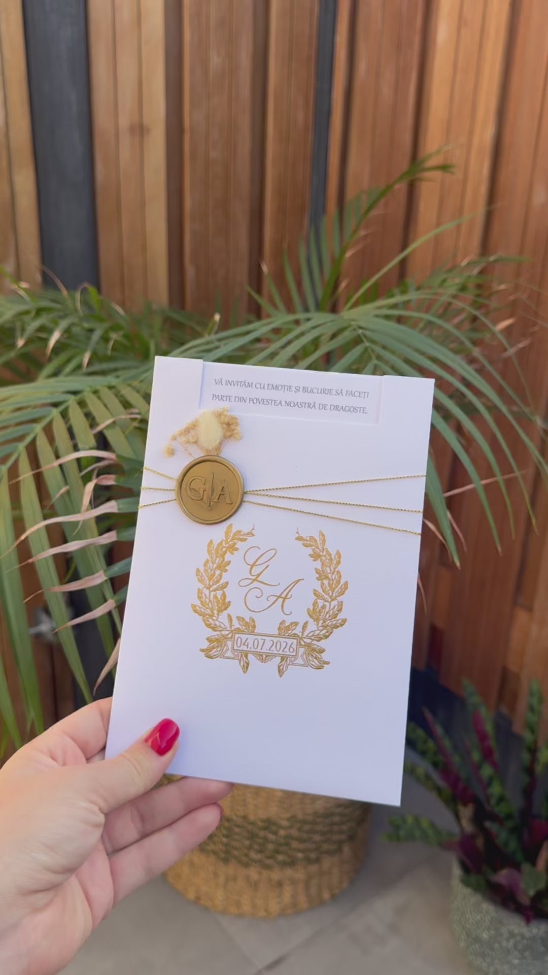 White Wedding Invitation With Gold Lettering Floral Wax Seal And Chain