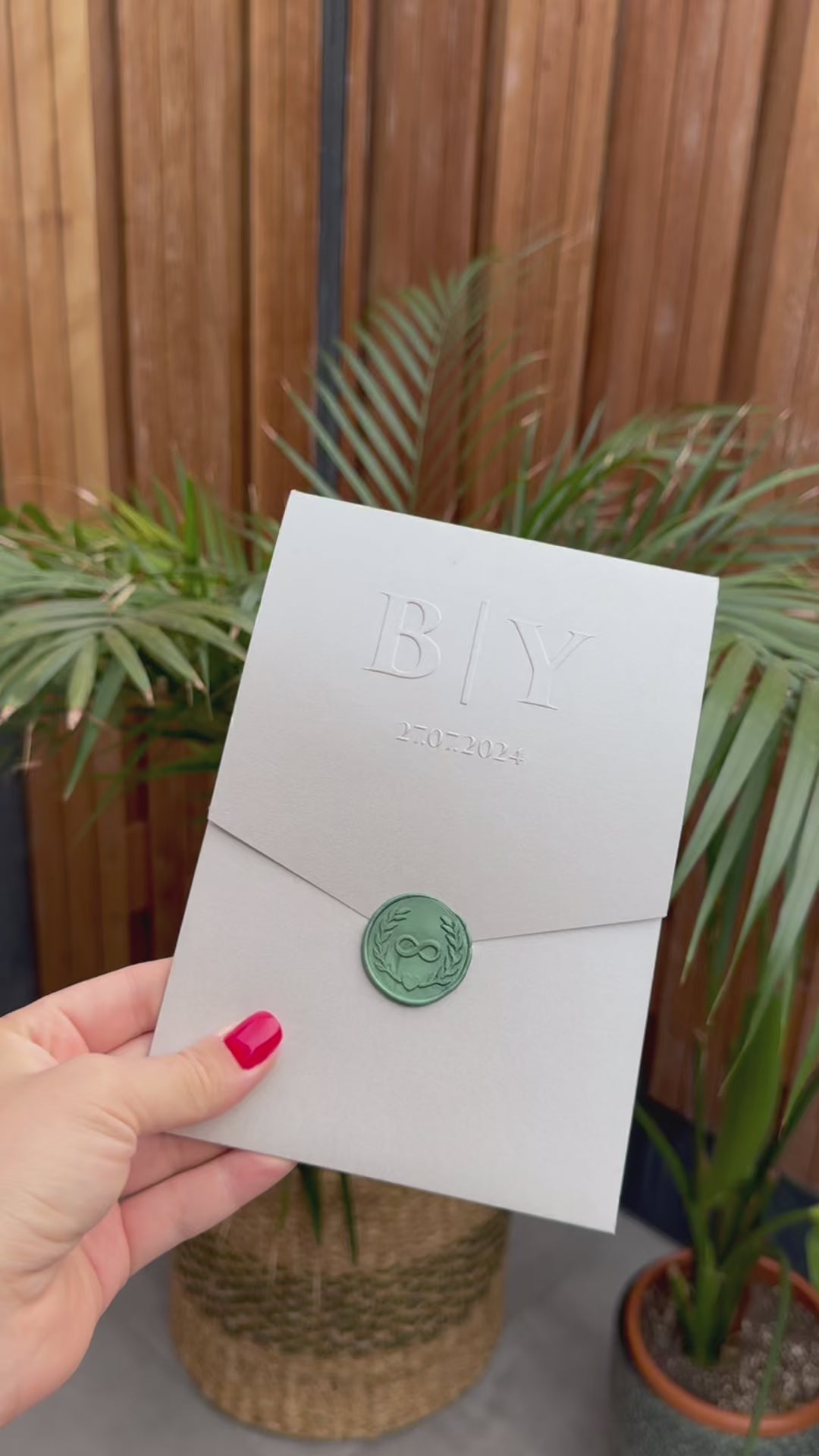Grey Modern Wedding Invitation With Blue Wax Seal