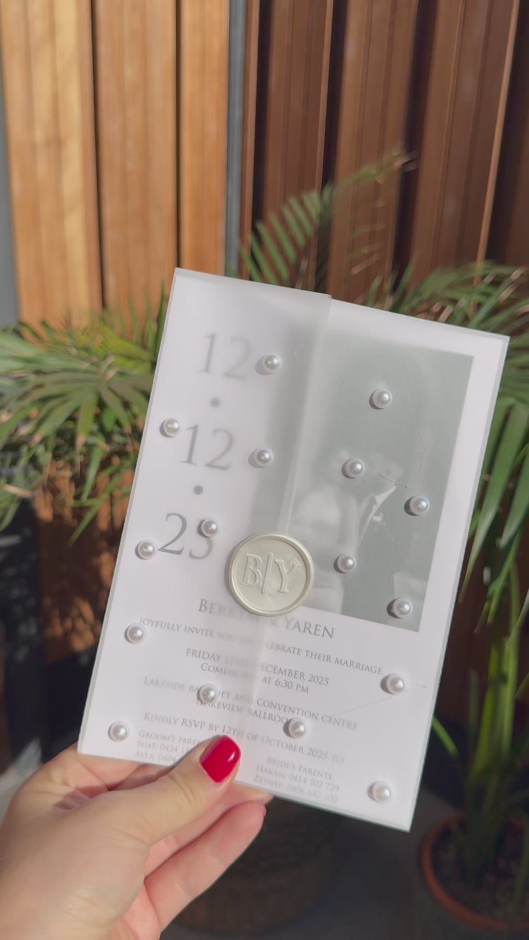 Pearl Detail Wax Seal Photo White Wedding Invitation