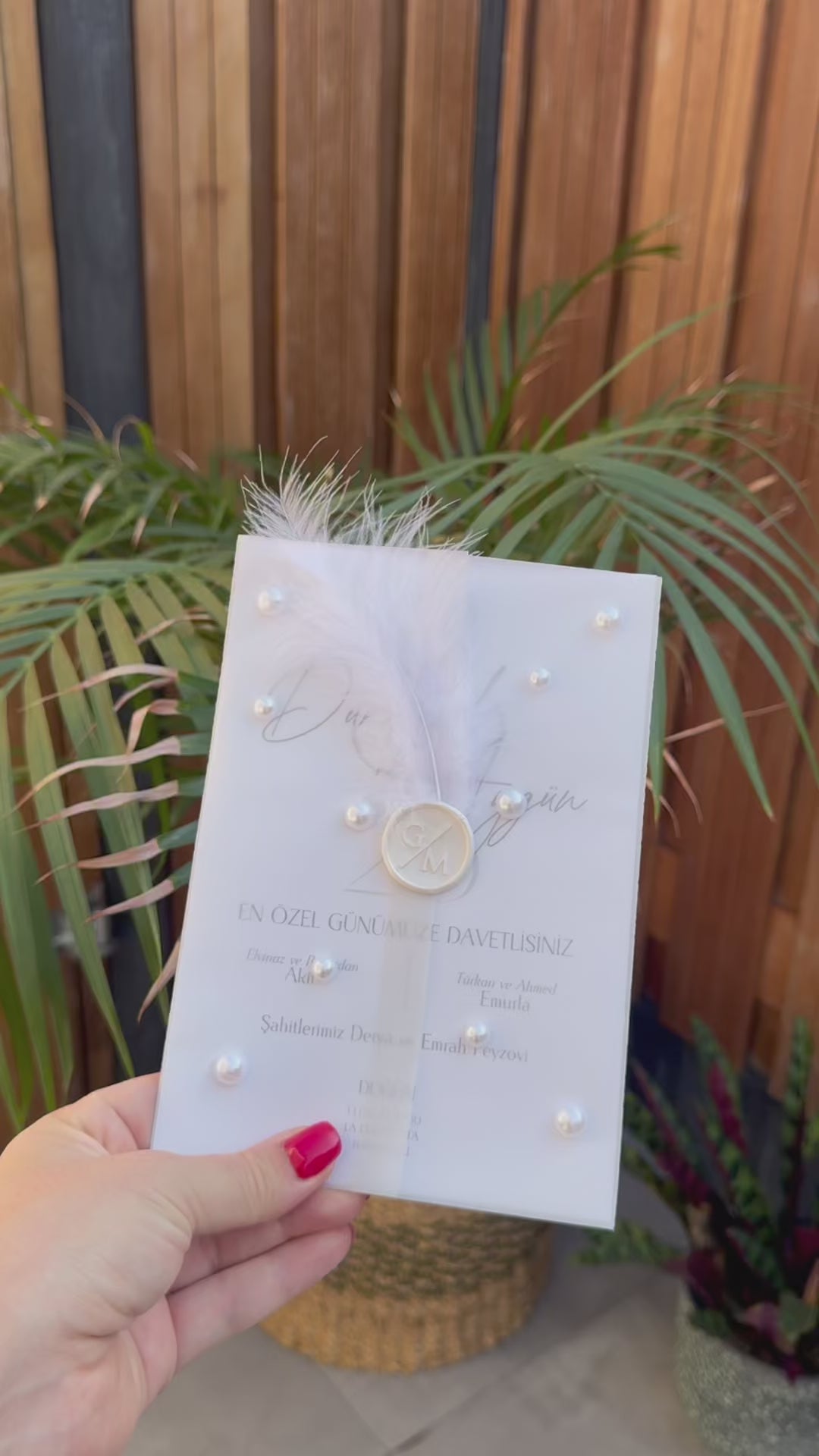 White Feather Pearl Wax Seal Wedding Invitation Modern Elegant Invite