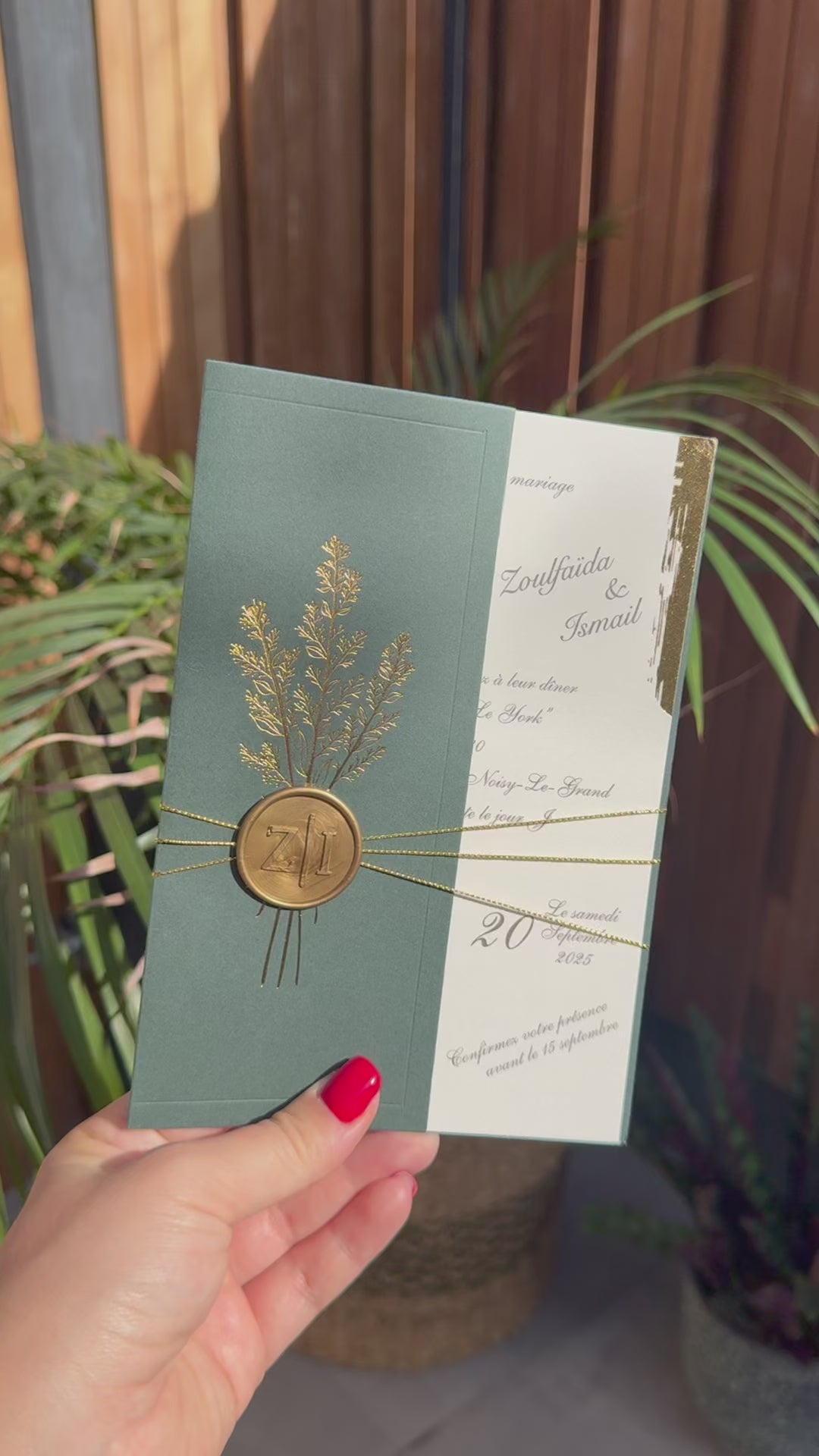 Green Cover Wax Seal Wedding Invitation Card Elegant Modern Invite