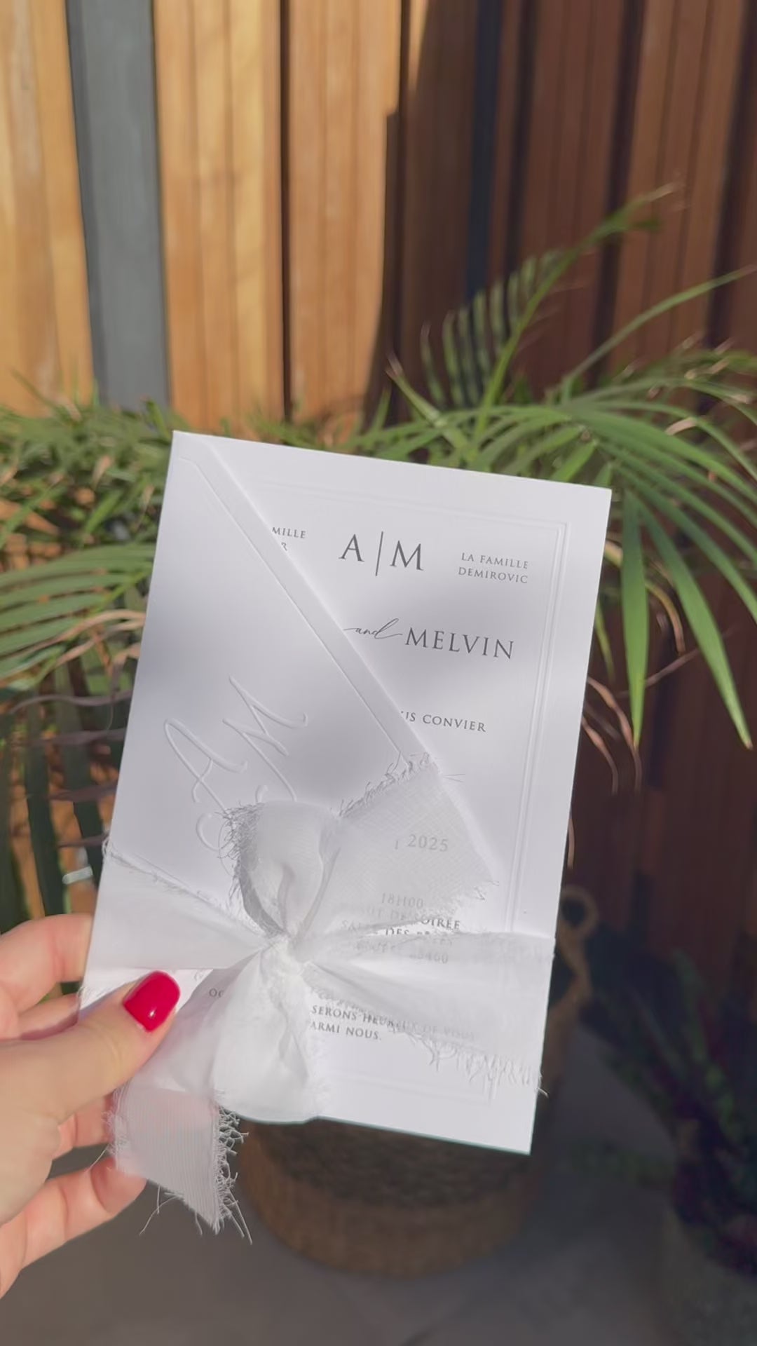 White Embossed Letter Ribbon Wedding Invitation Modern Elegant Invite